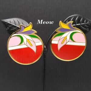 Vintage Meow Enamel Post Earrings, Cloisonne, Red Pink White Green Floral 1 3/8"